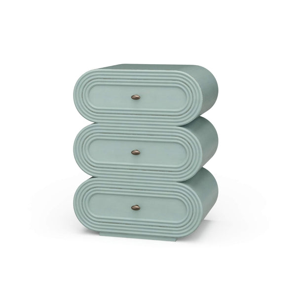 Mesa de Noche Ovalada de 3 Gavetas – Acabado Dugg Egg Blue