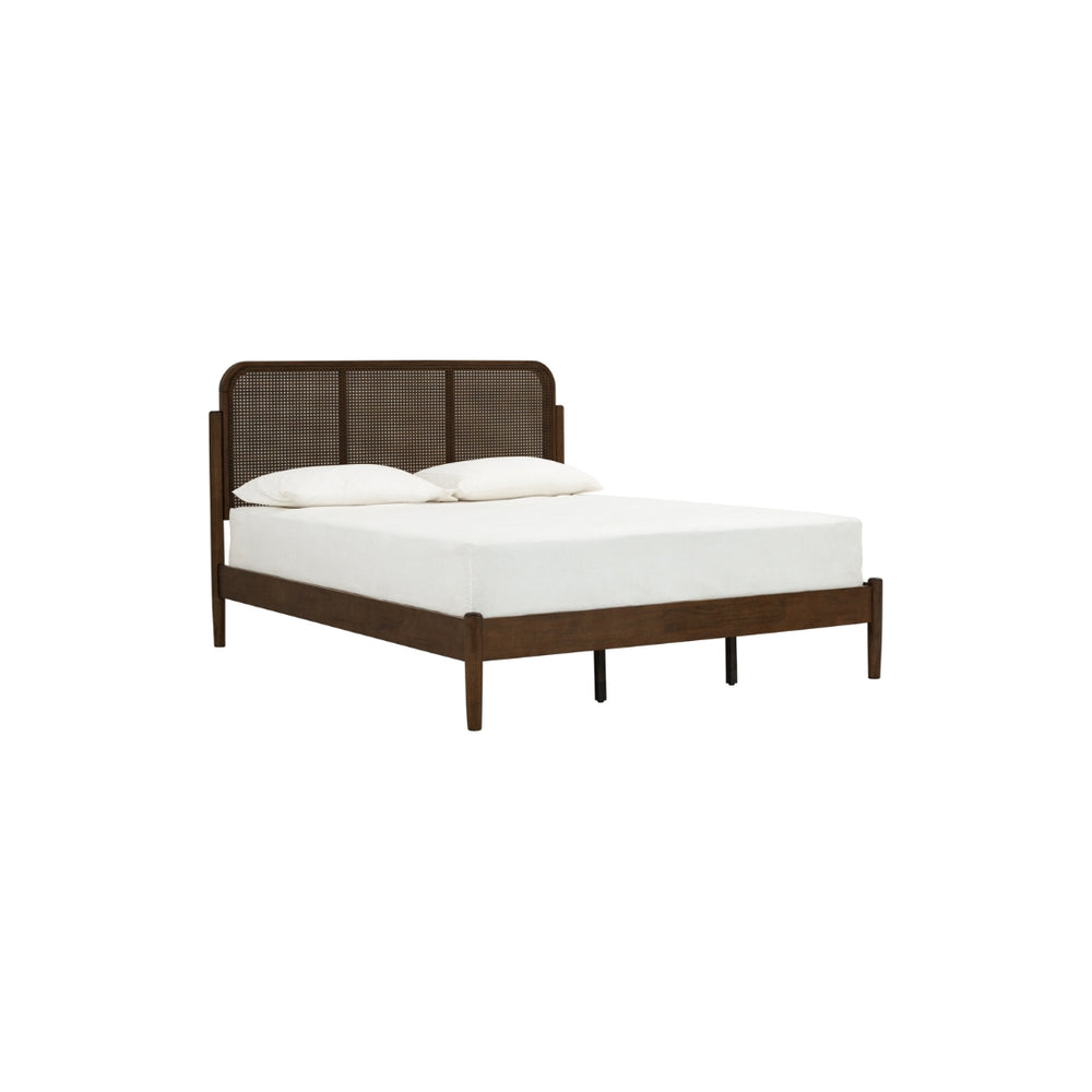 Cama Queen Timo en roble malayo color cocoa y ratán natural