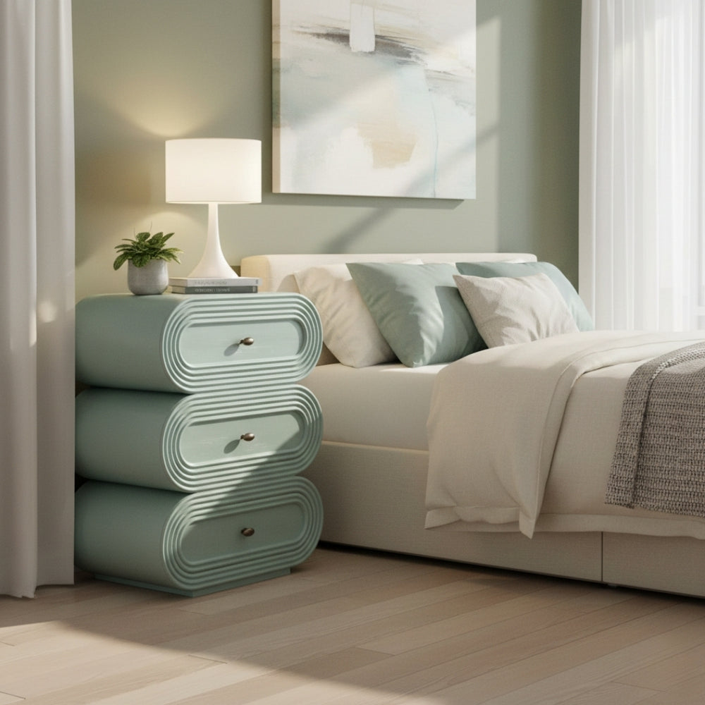 Mesa de Noche Ovalada de 3 Gavetas – Acabado Dugg Egg Blue