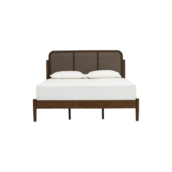 Cama Queen Timo en roble malayo color cocoa y ratán natural