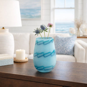 Jarrón decorativo de vidrio con patrón de cuentas color azul