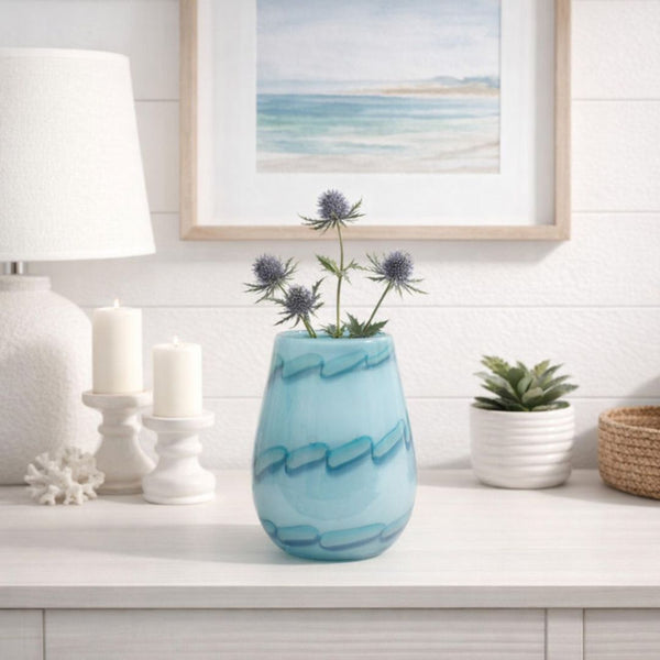 Jarrón decorativo de vidrio con patrón de cuentas color azul