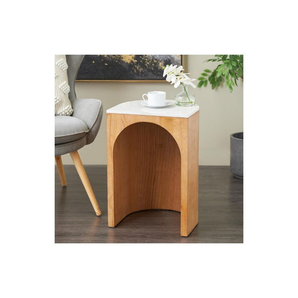 Mesa Auxiliar de Madera con Arco y Tope de Mármol Blanco