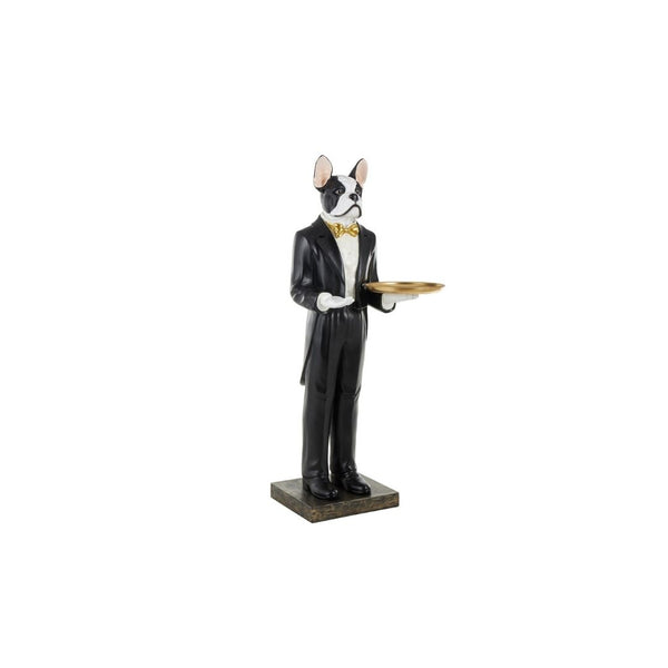 Escultura Decorativa de Perro Mesero con Bandeja Dorada