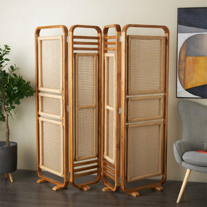 Biombo plegable de teca con paneles de ratán – 4 paneles