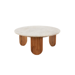 Mesa de Centro Redonda de Madera con Tope de Mármol Beige
