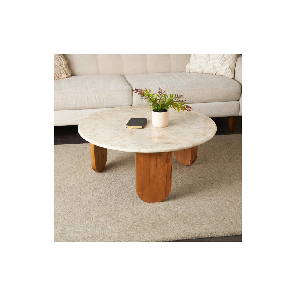 Mesa de Centro Redonda de Madera con Tope de Mármol Beige