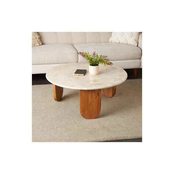 Mesa de Centro Redonda de Madera con Tope de Mármol Beige