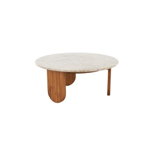 Mesa de Centro Redonda de Madera con Tope de Mármol Beige