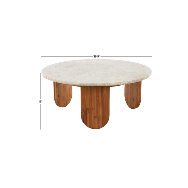 Mesa de Centro Redonda de Madera con Tope de Mármol Beige