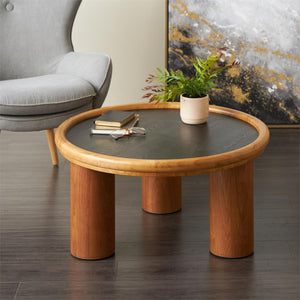 Mesa de centro redonda en madera con tope negro – 32"