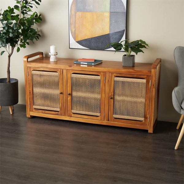 Gabinete de almacenamiento en teca con puertas de ratán – 3 puertas