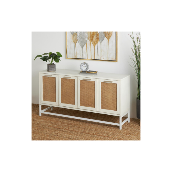 Credenza Blanca de 4 Puertas con Detalles Tejidos