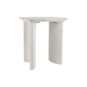 Mesa auxiliar “Catalina” 24" — Mármol travertino y madera acanalada