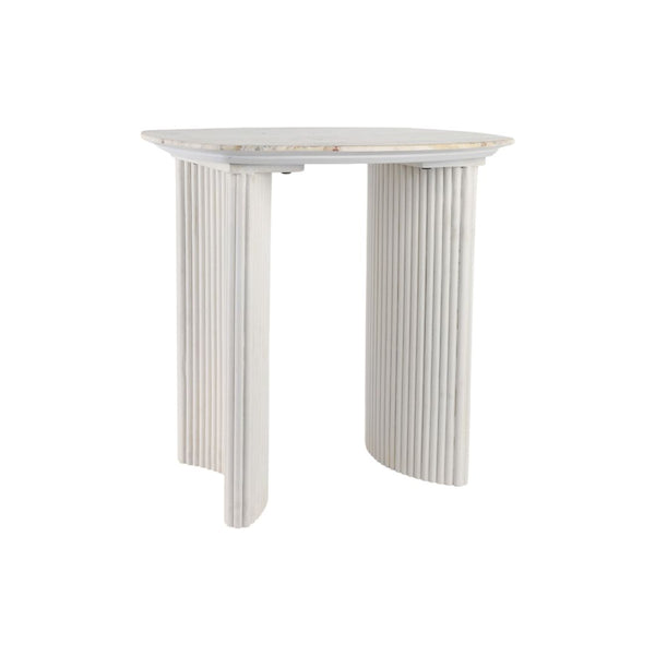 Mesa auxiliar “Catalina” 24" — Mármol travertino y madera acanalada