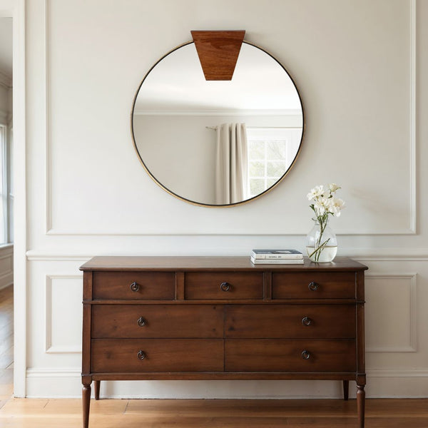 Espejo redondo de madera dorado de 32″