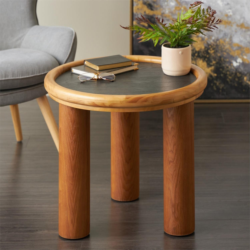 Mesa de centro redonda en madera con tope negro