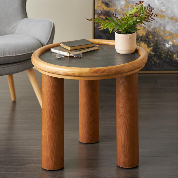 Mesa de centro redonda en madera con tope negro