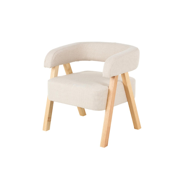 Sillón acento curvo en bouclé beige con patas de madera