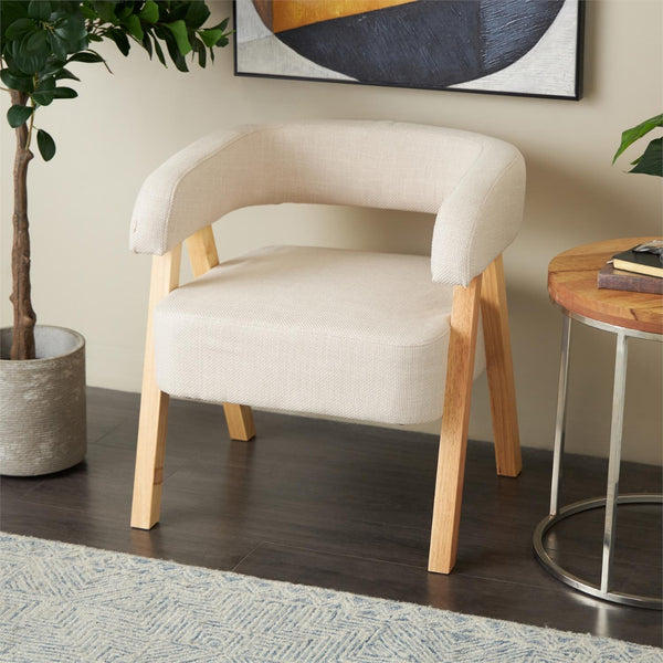 Sillón acento curvo en bouclé beige con patas de madera