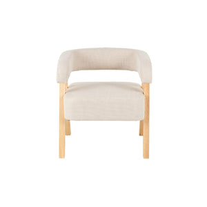 Sillón acento curvo en bouclé beige con patas de madera