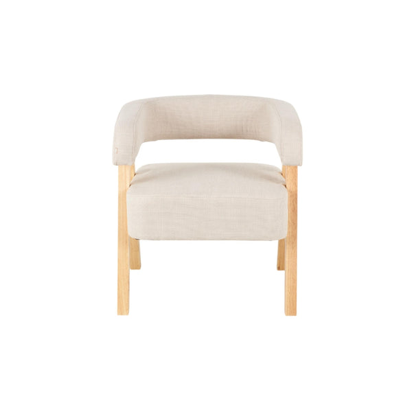 Sillón acento curvo en bouclé beige con patas de madera