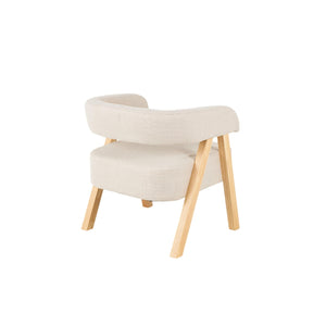 Sillón acento curvo en bouclé beige con patas de madera
