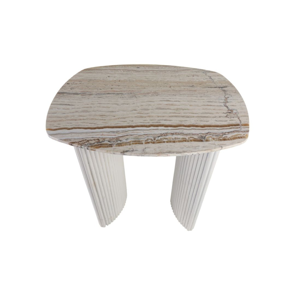 Mesa auxiliar “Catalina” 24" — Mármol travertino y madera acanalada