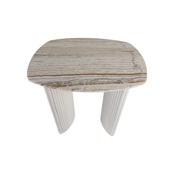 Mesa auxiliar “Catalina” 24" — Mármol travertino y madera acanalada