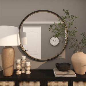 Espejo decorativo redondo negro con aro interior dorado