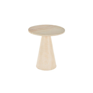 Mesa auxiliar redonda en madera de teca con base cónica y tope de mármol beige