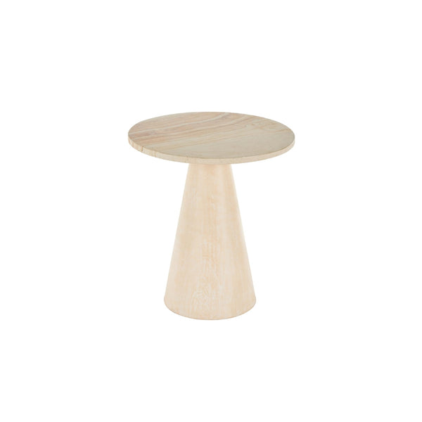 Mesa auxiliar redonda en madera de teca con base cónica y tope de mármol beige