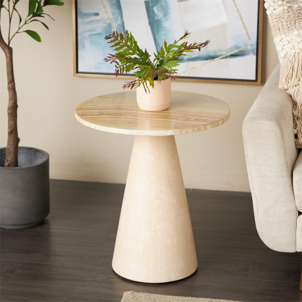 Mesa auxiliar redonda en madera de teca con base cónica y tope de mármol beige