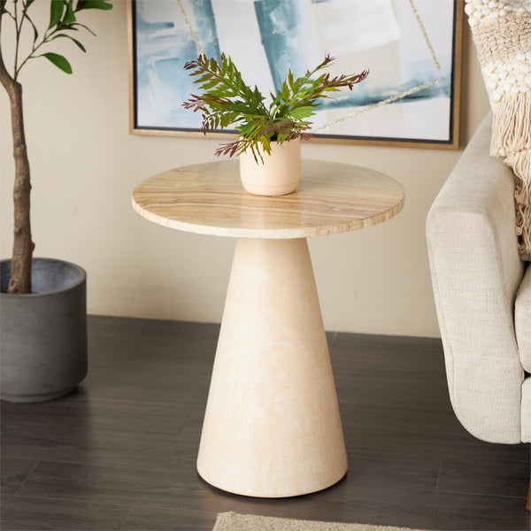 Mesa auxiliar redonda en madera de teca con base cónica y tope de mármol beige