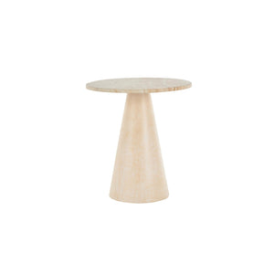 Mesa auxiliar redonda en madera de teca con base cónica y tope de mármol beige