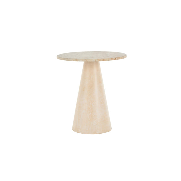 Mesa auxiliar redonda en madera de teca con base cónica y tope de mármol beige