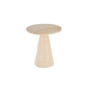 Mesa auxiliar redonda en madera de teca con base cónica y tope de mármol beige