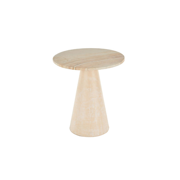 Mesa auxiliar redonda en madera de teca con base cónica y tope de mármol beige
