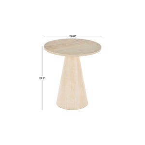Mesa auxiliar redonda en madera de teca con base cónica y tope de mármol beige