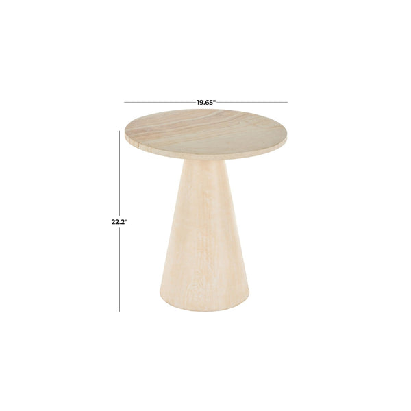 Mesa auxiliar redonda en madera de teca con base cónica y tope de mármol beige
