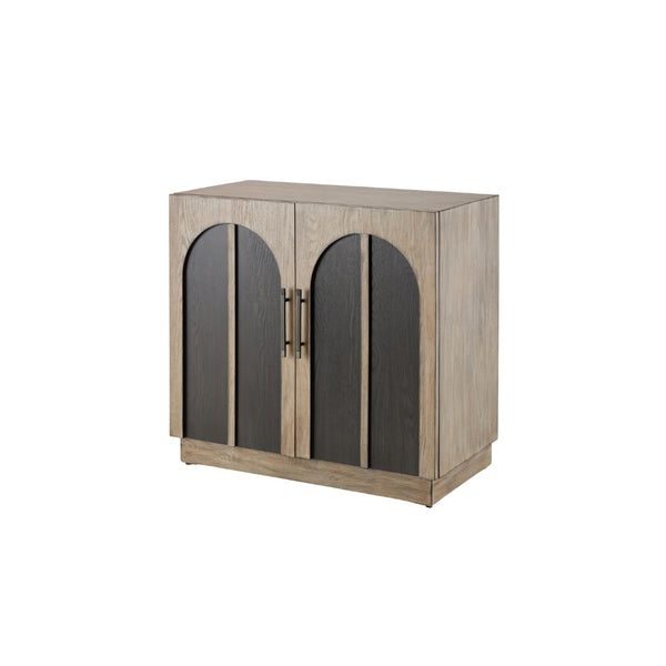 Gabinete de almacenamiento en madera gris con detalles arqueados negros