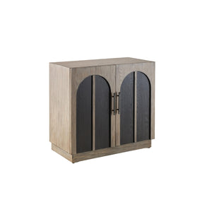 Gabinete de almacenamiento en madera gris con detalles arqueados negros