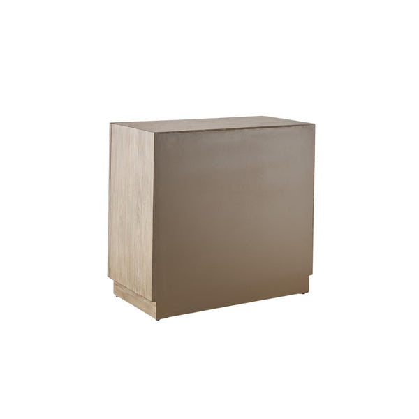 Gabinete de almacenamiento en madera gris con detalles arqueados negros