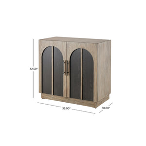 Gabinete de almacenamiento en madera gris con detalles arqueados negros