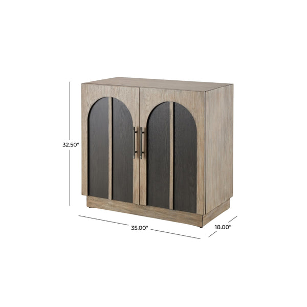 Gabinete de almacenamiento en madera gris con detalles arqueados negros