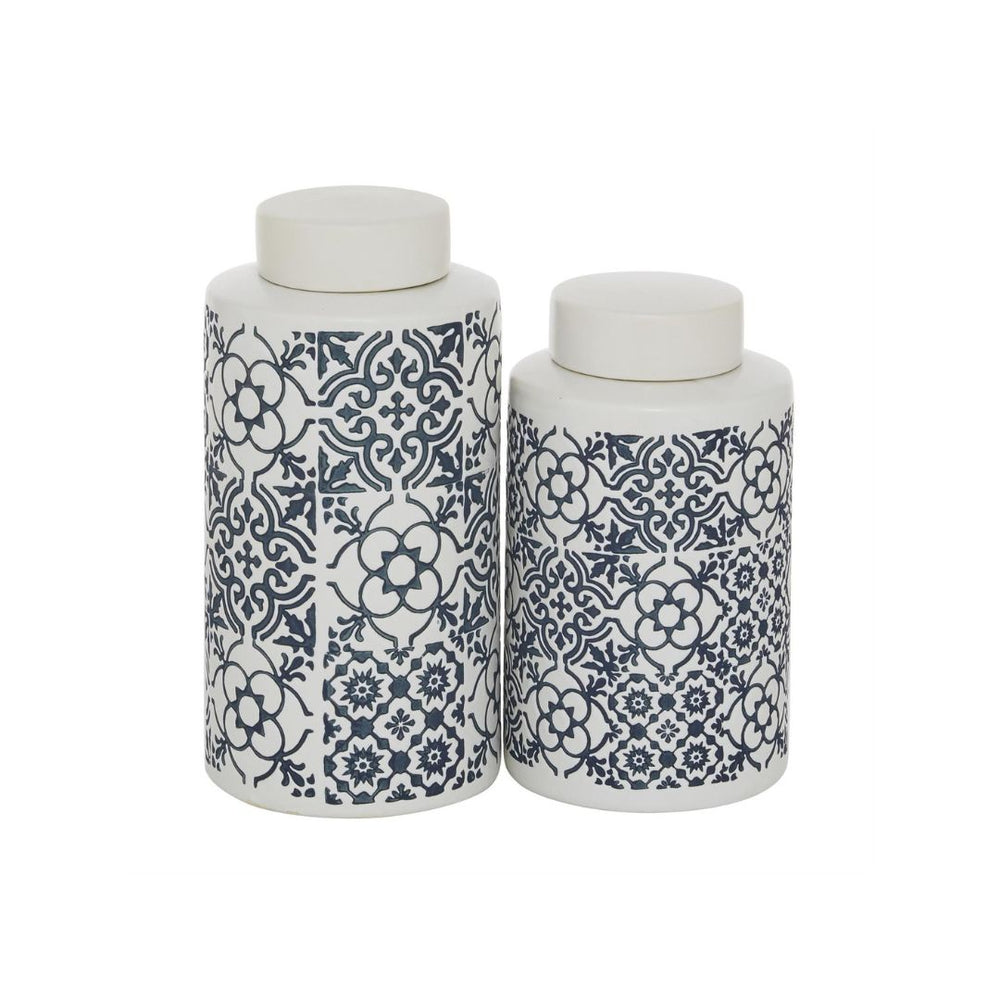 Set de frascos decorativos de cerámica blanca con patrón tipo azulejo – 2 piezas