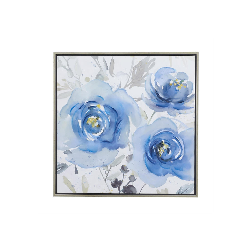 Cuadro decorativo floral en canvas azul con marco plateado