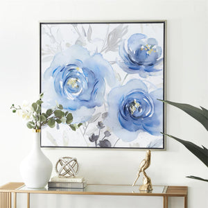 Cuadro decorativo floral en canvas azul con marco plateado