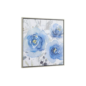 Cuadro decorativo floral en canvas azul con marco plateado