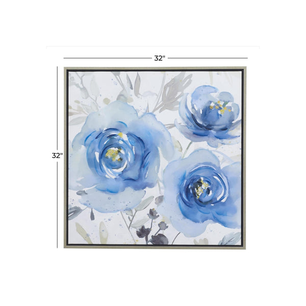 Cuadro decorativo floral en canvas azul con marco plateado